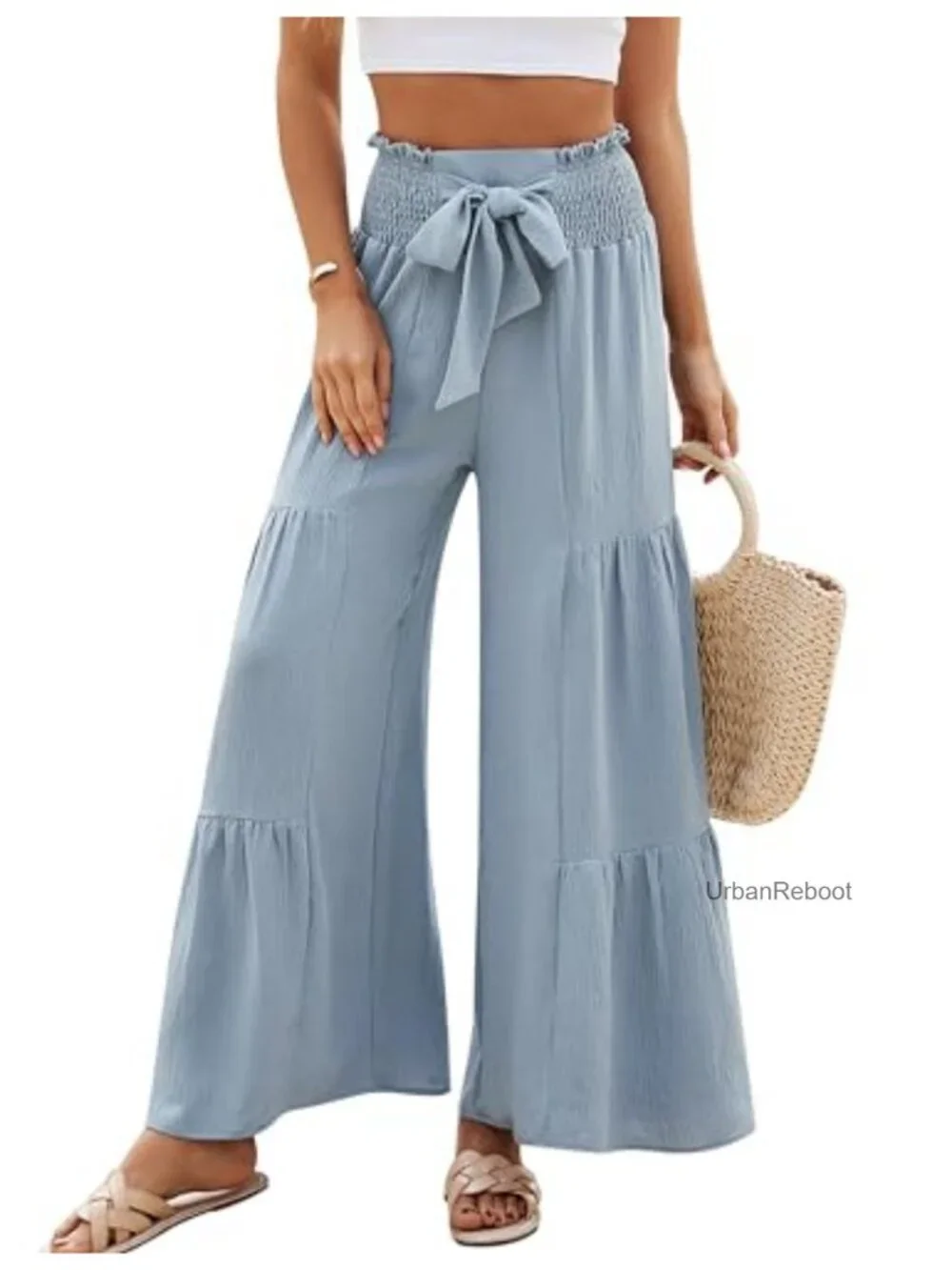 Wide Leg High Waisted Trousers with Bow Tie Elastic Waist Palazzo Pants